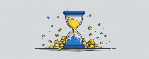 Simple vector illustration of an hourglass with coins, symbolizing time, money, and wealth