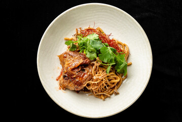 An angled view of an Asian noodle dish with meat, fried shallots, and fresh cilantro, served in a white bowl on a dark background