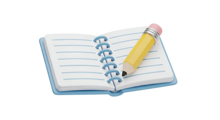 Open spiral notebook with lined page and yellow pencil isolated on transparent background