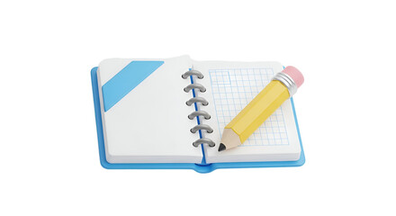 3d icon of an open spiral notebook with a yellow pencil isolated on transparent background