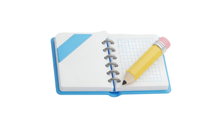 3d icon of an open spiral notebook with a yellow pencil isolated on transparent background