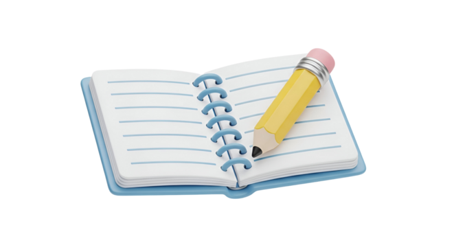 Open spiral notebook with lined page and yellow pencil isolated on transparent background - Powered by Adobe