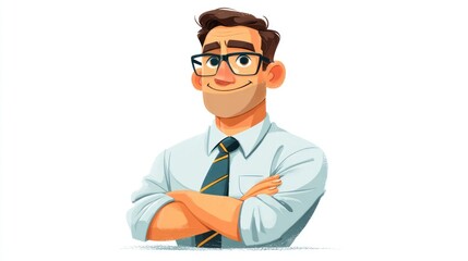 Fototapeta premium A smiling man in glasses, arms crossed, wearing a shirt and tie. Cartoon illustration