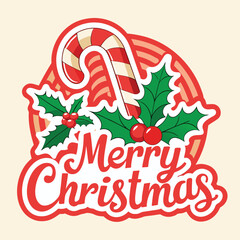 Festive merry christmas emblem design featuring a classic candy cane vibrant holly leaves and bold red lettering on a striped background