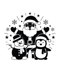 Cute Christmas Santa, Snowman and Penguin Celebration Illustration.