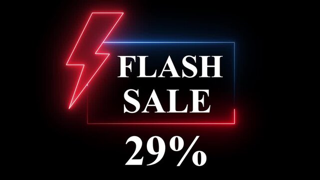 Blue and Red color neon sign promoting a flash sale with a bold -29% discount. Perfect for showcasing digital marketing and e-commerce promotions.4k animation video..