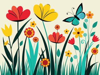 Lush spring meadow bursting with vibrant blooming flowers and a graceful butterfly in flight for banner and advertisement use