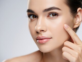 Close up portrait of beautiful young woman with perfect skin touching face