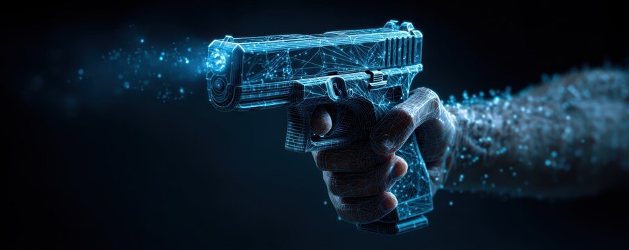 Futuristic digital handgun design rendered in blue holographic lines against a dark background - Powered by Adobe