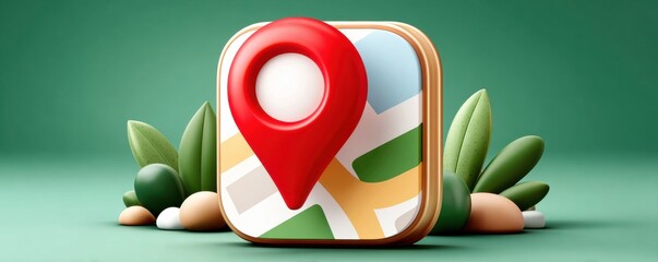 Location map icon with red pin and tropical plants for travel and navigation concept