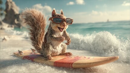 A smiling squirrel wearing sunglasses surfs a wave on a sunny beach day