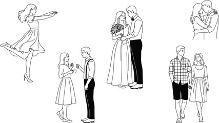 Romantic couples silhouette, love moments, black and white, affectionate poses, casual interaction, cad drawing flat vector illustration, emotional connection, timeless romance