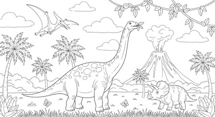 Dinosaur Coloring Page for Kids Fun Activity Prehistoric Scene with Volcano and Tropical Plants
