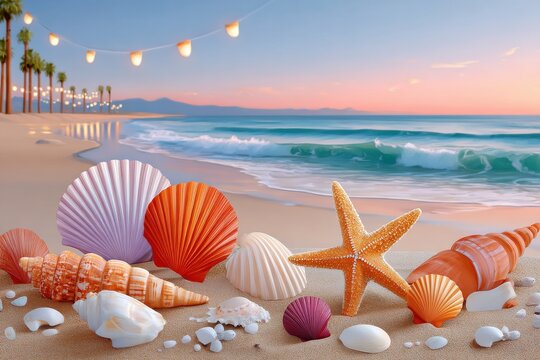 Sunset beach scene with colorful shells, starfish, and twinkling lights on the shore - Powered by Adobe