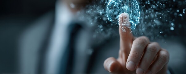 Businessman touches a futuristic holographic digital screen with a glowing circular interface