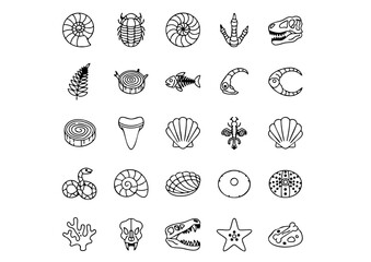 Paleontology & Ancient Life Vector Icons, Dinosaur Fossils Outline Icon Collection, Archaeology and Prehistoric Discoveries Line Art Set