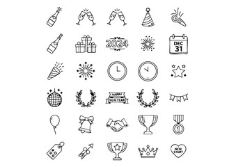 New Year's Celebration Vector Icon Collection, Holiday Countdown Line Art Icons, Party & Resolution Outline Icon Set