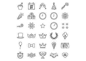 New Year's Celebration Vector Icon Collection, Holiday Countdown Line Art Icons, Party & Resolution Outline Icon Set
