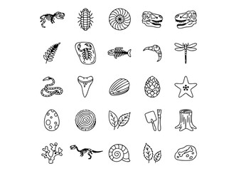 Paleontology & Ancient Life Vector Icons, Dinosaur Fossils Outline Icon Collection, Archaeology and Prehistoric Discoveries Line Art Set