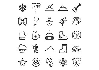 Winter Wonderland Vector Icon Set, Snow & Cold Weather Outline Icons, Essential Winter Season Line Art Collection
