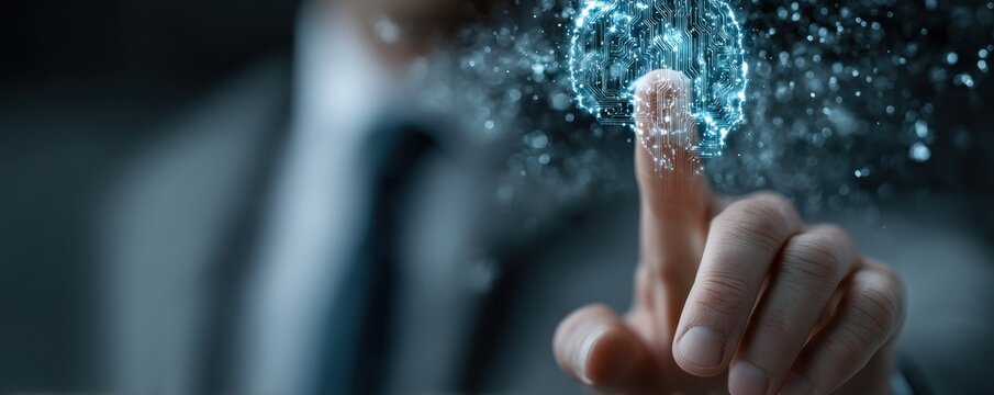 Businessman touches a futuristic holographic digital screen with a glowing circular interface