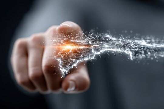 Businessman touches a futuristic holographic interface with a glowing circular data display