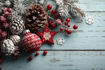 Red star ornaments and frosted pine cones on rustic blue wooden Christmas backdrop