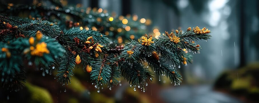 Dark green pine branches with tiny golden lights in a misty forest scene - Powered by Adobe