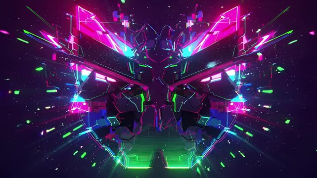 Dynamic abstract neon structure explodes with vibrant synthwave energy in motion