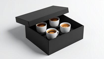 A black rectangular box with its lid partially open, revealing four white espresso cups filled with coffee, set against a dark background.