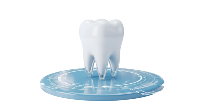 3d rendering of a healthy white molar tooth on a blue digital base isolated on transparent background