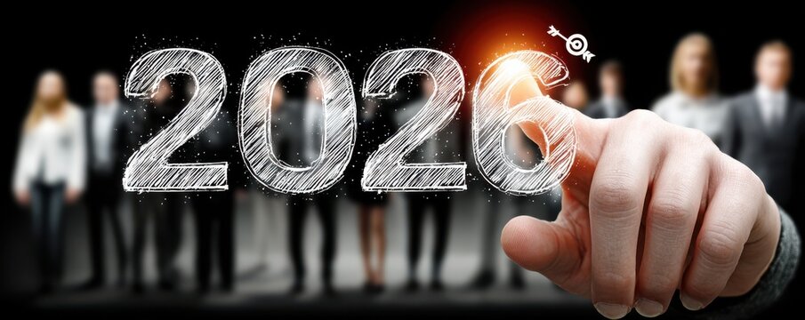 Hand touches a virtual screen displaying 2026 while a business team stands in the background