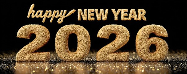 Golden glitter 2028 New Year celebration logo with Happy New Year text on a black background