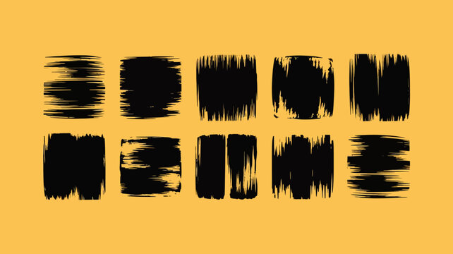 A collection of ten abstract black brush stroke elements with a textured distressed appearance set against a warm golden yellow background creating a modern artistic design