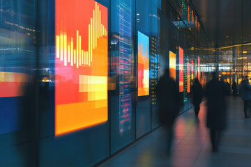 Abstract view of financial data displayed on screens in a modern building. Blurred figures walk past illuminated displays showcasing financial information and market trends.
