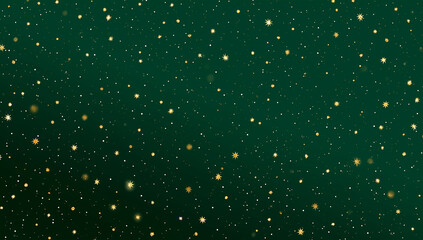 Dark Green Christmas Background with Small Golden Stars and Glitter Particles Falling
