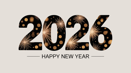 Happy new year 2026 text with sparkling fireworks and golden dots on a light background representing celebration and new beginnings for the upcoming year