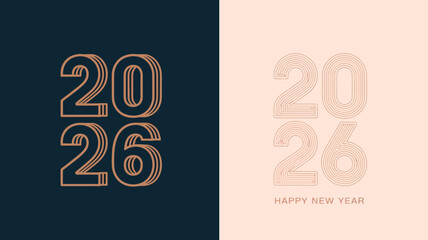 Modern and elegant graphic design featuring the year 2026 in a bold stylized font on a split background of dark navy and soft pink with a subtle greeting on the right