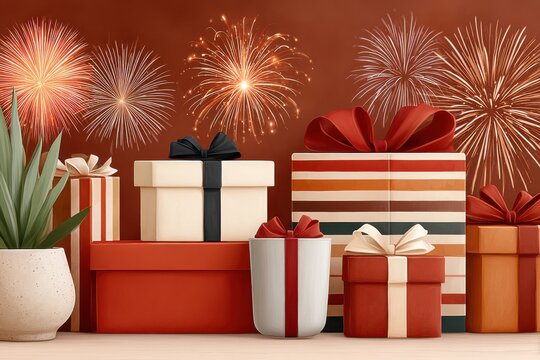 Festive gifts and fireworks on a red background for a bright, celebratory holiday scene