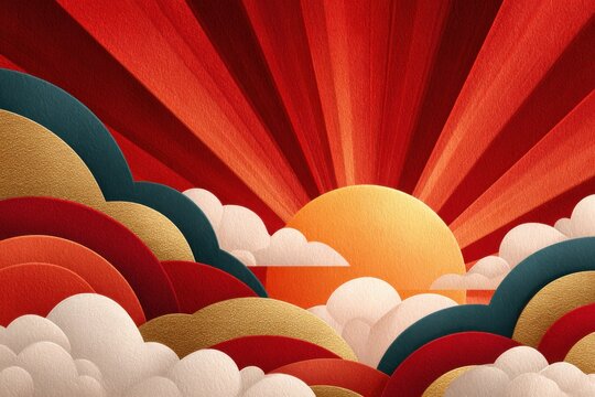 Red Sunrise With Golden Waves and White Clouds in Abstract Paper-Craft Style for Festive Design