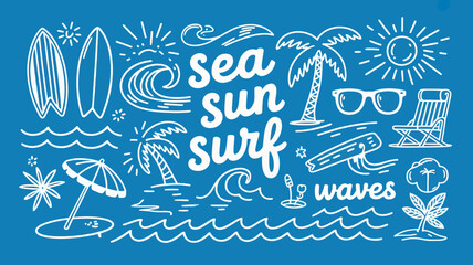 Whimsical hand drawn doodle illustration of summer beach elements including surfboards palm trees waves sun sunglasses and an umbrella on a vibrant blue background perfect for vacation designs