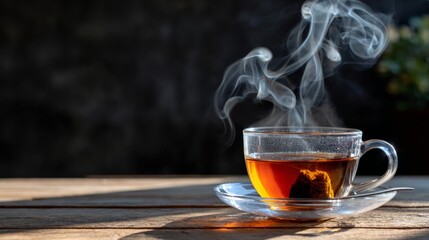 Steaming hot tea in a clear glass cup with a dark background setting Drink