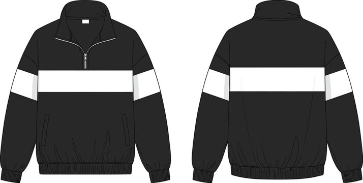 Fashion flat sketch vector template, Oversized anorak jacket mock up with half zipper, black and white color block design, casual street wear.