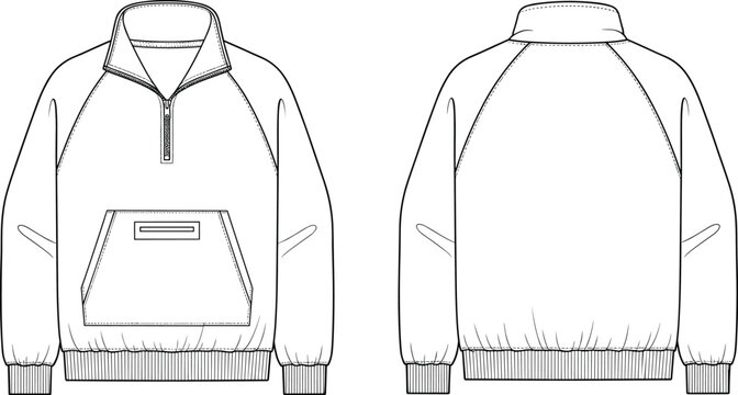 Fashion flat sketch vector template, Oversized sporty pullover jacket mock up with raglan sleeves, half zipper, and pouch pocket design, front and back view.