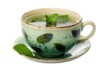 mint tea in green cup on transparent background