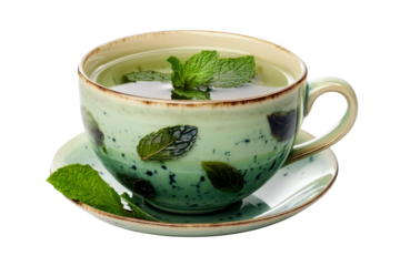 mint tea in green cup on transparent background