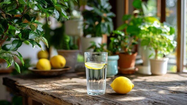 Glass of lemon water and fresh lemons sit on a rustic wooden table among many green houseplants - Powered by Adobe