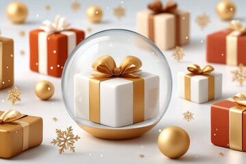 Festive gift display with colorful presents, a snow globe, and gold ornaments for holiday luxury