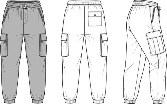 Technical fashion drawing of men's or women's cargo jogger pants, showing front, back, and side views with detailed pockets, drawstrings, and elastic cuffs for garment design flats.