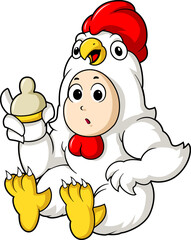 Cute Baby in Chicken Costume Holding Bottle
